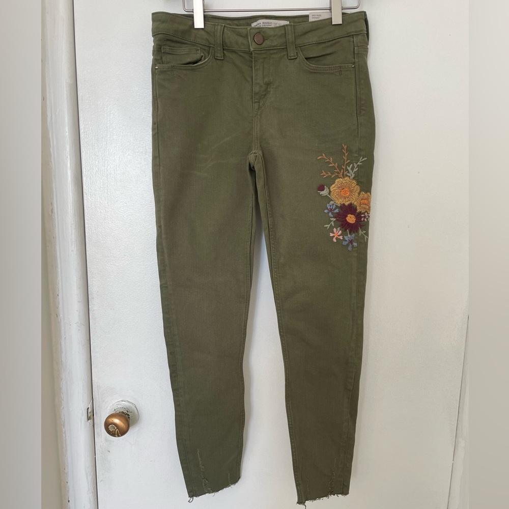 Zara Olive Green Skinny Jeans with Floral Embroidery